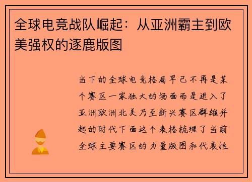 全球电竞战队崛起：从亚洲霸主到欧美强权的逐鹿版图